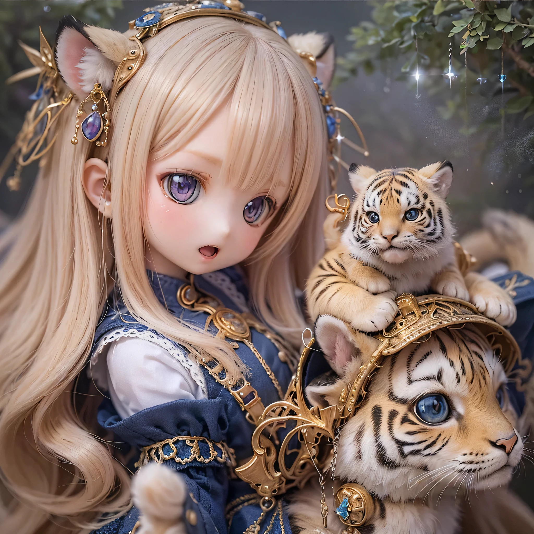 (highest quality,4K,8k,High resolution,masterpiece:1.2),Super detailed,Realistic,White Tiger Girls Chibi,Beautiful fine details,Long eyelashes,Detailed lips,A girl in colorful and cute clothes,Tall trees with bright flowers々Play in a magical garden filled with,Soft and warm sunlight on the tree々Plug in from between,Creates a magical and dreamy atmosphere,Sparkling fairy dust floating in the air,Bring a sense of fascination and wonder to your scenes,The skin has a delicate and intricate tiger pattern.,Glows softly, Mysterious Light,The innocent and happy expressions of the girls,
Emphasize a pure and playful personality,Small and adorable chibi characters,
Increase the cuteness, A harmonious blend of reality and fantasy,
Evokes childlike joy and imagination, vibrant and lively color palette,
Shades of pink, purple, Blue and,Painting-like texture, Add depth and richness to your artwork, Capture the magical essence of the scene.