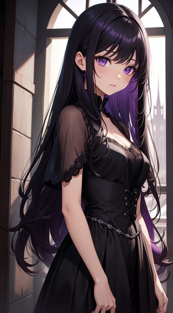 Gothic dress, black lace stockings , red bottom black top high heels, purple hair, gray eyes,