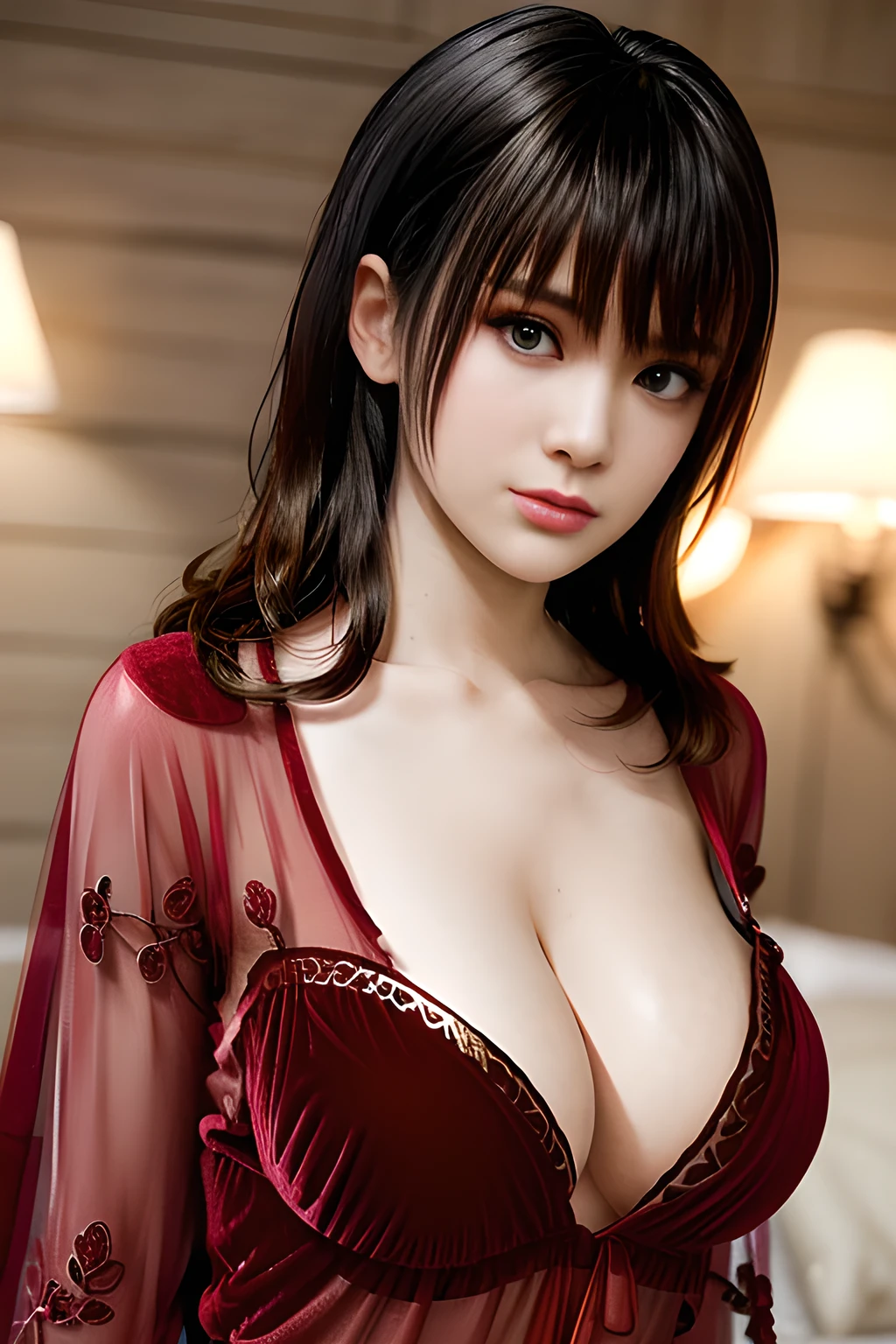 1girl,(RED theme: 1.2), (Sheer fabric pajamas: 1.5),(Velvet fabric robe: 1.5), (Ice flower Robe: 1.4), ,garden,moon,huge breasts,lactating,(lip gloss),(masterpiece), best quality, (real life portrait photography:1.5),unltra detailed,8K,Shot with a professional-grade camera like the Nikon D850,every intricate detail is captured, from the subtlest expression to the glimmer of anticipation in her eyes,,nanami