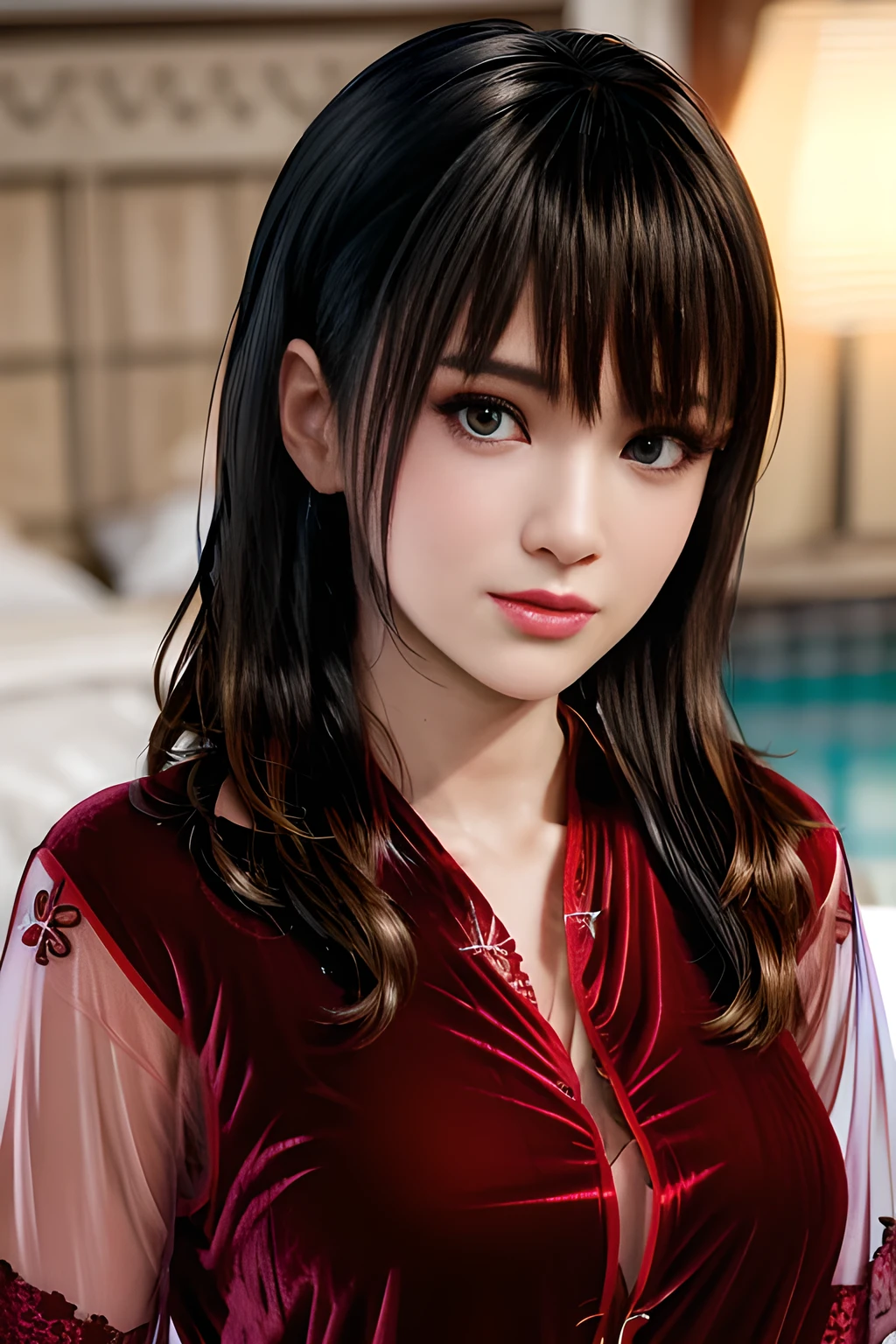 1girl,(RED theme: 1.2), (Sheer fabric pajamas: 1.5),(Velvet fabric robe: 1.5), (Ice flower Robe: 1.4), ,garden,moon,huge breasts,lactating,(lip gloss),(masterpiece), best quality, (real life portrait photography:1.5),unltra detailed,8K,Shot with a professional-grade camera like the Nikon D850,every intricate detail is captured, from the subtlest expression to the glimmer of anticipation in her eyes,,nanami
