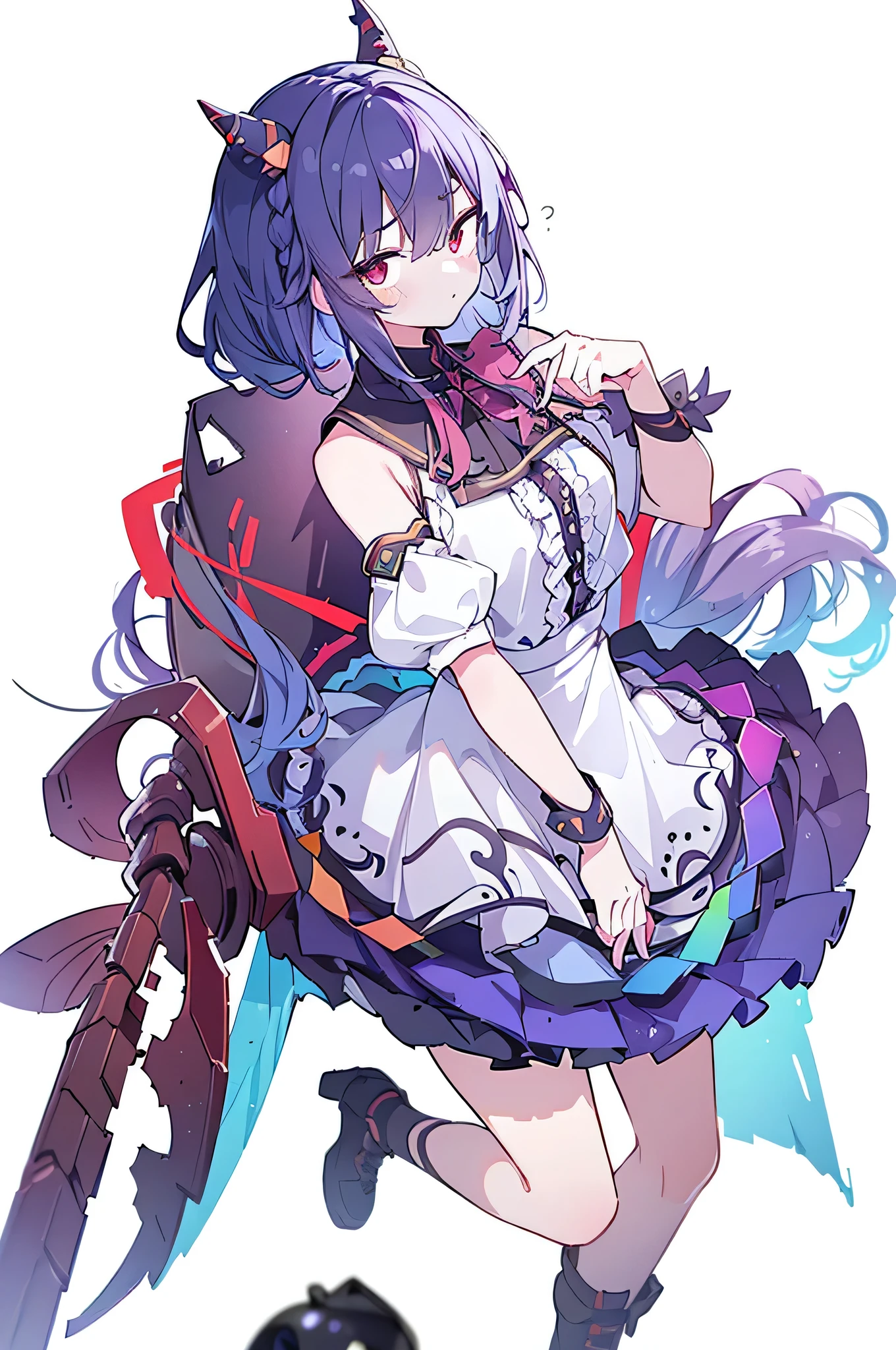a 20 yo woman, (White background Solid white background:1.5), full body, (masterpiece:1.2), best quality, 8K, bright art style, (Incredibly ridiculous absolute resolution:1.5), extra high resolution, (natural skin textures, Hyper-Realism, Soft light, sharp), original character, Wear Blackberry sleeveless blouse and wine red flare skirt, fashion, detailed clothing texture, with a lot of decoration,short braiding, wine red eyes, witty and beautiful facial features,