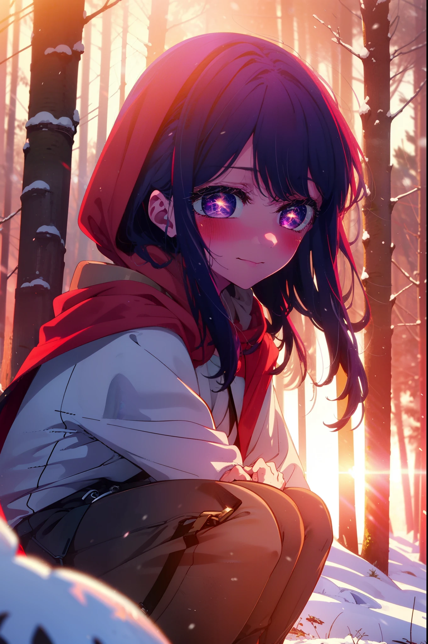 aihoshino, Ai Hoshino, Long Hair, bangs, (Purple eyes:1.1), Purple Hair, (Symbol-shaped pupil:1.5), smile,,smile,blush,White Breath,
Open your mouth,snow,Ground bonfire, Outdoor, boots, snowing, From the side, wood, suitcase, Cape, Blurred, , forest, White handbag, nature,  Squat, Mouth closed, Cape, winter, Written boundary depth, Black shoes, red Cape break looking at viewer, Upper Body, whole body, break Outdoor, forest, nature, break (masterpiece:1.2), highest quality, High resolution, unity 8k wallpaper, (shape:0.8), (Beautiful and beautiful eyes:1.6), Highly detailed face, Perfect lighting, Extremely detailed CG, (Perfect hands, Perfect Anatomy),