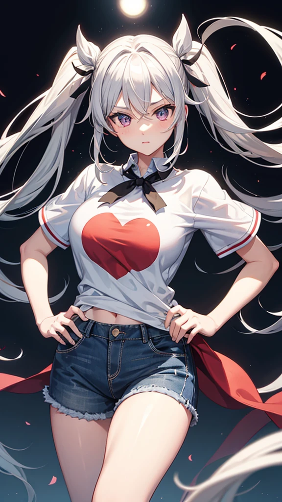1_girl, solo, best quality, masterpiece, , ,short, huge breasts, white hair,low twintails, purple eyes, yukine chris, thin twintails, wearing a anime T-shirt, blue denim shorts, upper body portrait, hands on hips