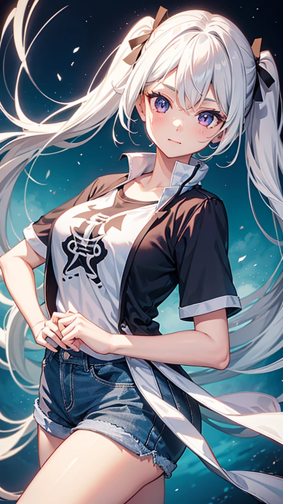 1_girl, solo, best quality, masterpiece, , ,short, huge breasts, white hair,low twintails, purple eyes, yukine chris, thin twintails, wearing a anime T-shirt, blue denim shorts, upper body portrait, hands on hips 