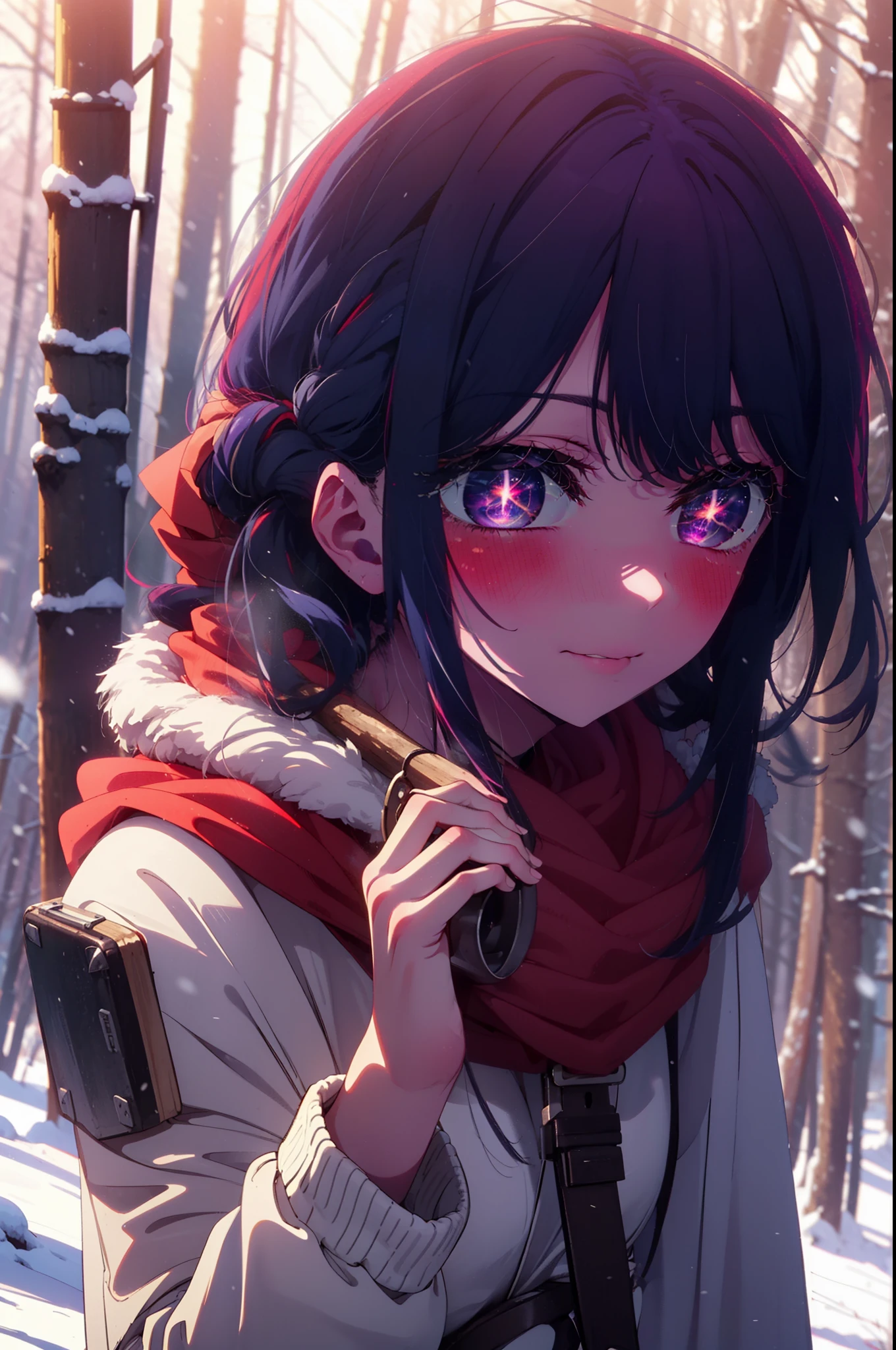aihoshino, Ai Hoshino, Long Hair, bangs, (Purple eyes:1.1), Purple Hair, (Symbol-shaped pupil:1.5), smile,,smile,blush,White Breath,
Open your mouth,snow,Ground bonfire, Outdoor, boots, snowing, From the side, wood, suitcase, Cape, Blurred, , forest, White handbag, nature, Squat, Mouth closed, Cape, winter, Written boundary depth, Black shoes, red Cape break looking at viewer, Upper Body, whole body, break Outdoor, forest, nature, break (masterpiece:1.2), highest quality, High resolution, unity 8k wallpaper, (shape:0.8), (Beautiful and beautiful eyes:1.6), Highly detailed face, Perfect lighting, Extremely detailed CG, (Perfect hands, Perfect Anatomy),