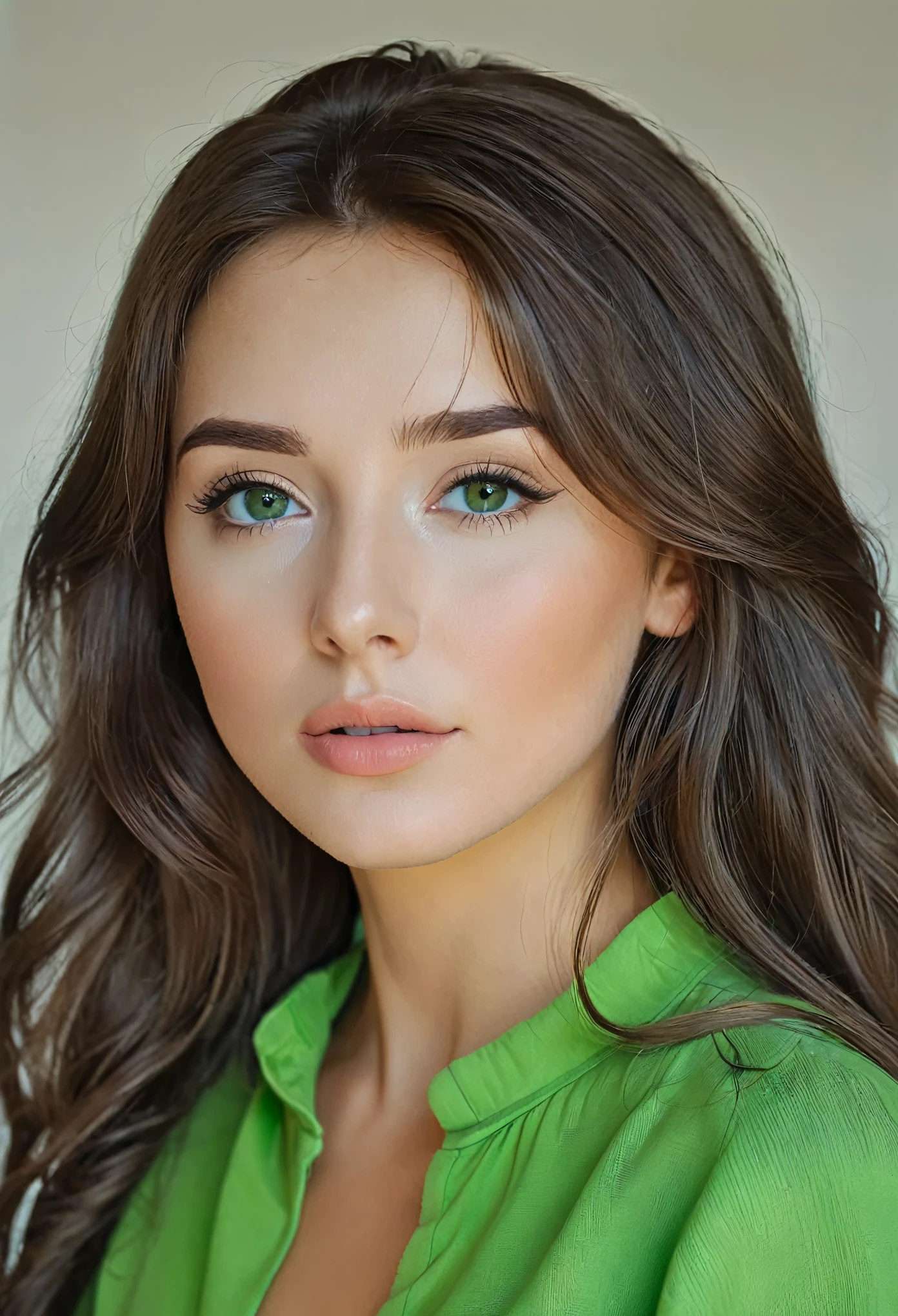 russian brunette in green clothes, girl watching in camera