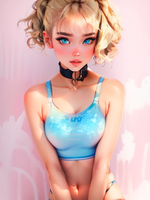 Beautiful girl, top posing for a picture, ilya kuvshinov, 20 years old,4 k, beautiful girl, attractive, blonde wavy hair, pastel blue eyes, sexy