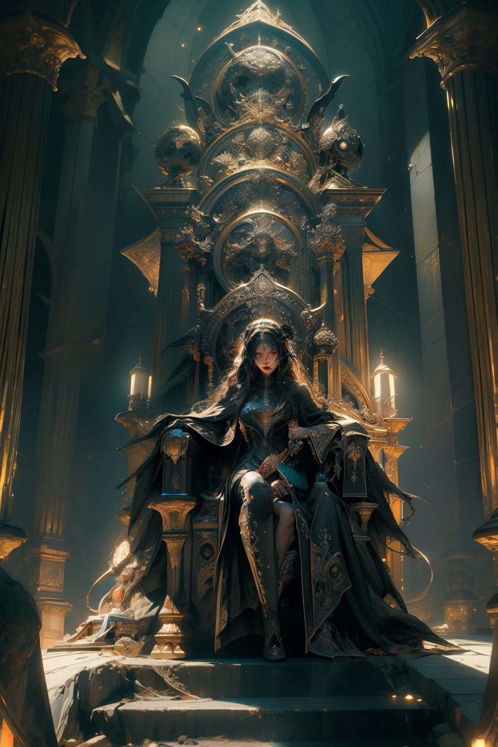 ((best quality)), ((masterpiece)), (detailed), an empty vacant throne, grand in scale and intricacy, blurring the lines between throne and shrine, occult aesthetic, occult, detailed and intricate steampunk and detailed gothic, Very dramatic and cinematic lighting, cosmic horror, grim dark, Red and white with a sense of technology, side-lighting