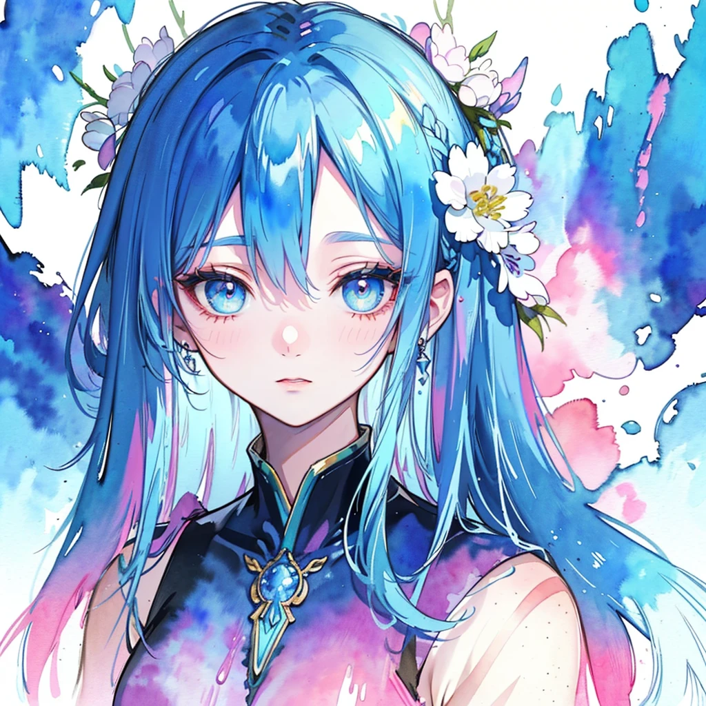 (best quality),(masterpiece:1.2), (colorful:0.9), (ink splashing),(color splashing),((watercolor)), clear sharp focus, model shot,, (portrait goddess of spring:1.5), cute expression,elegant blue colored hair, beautyfull detailed face and eyes, elegant goddess clothing, spring forest background,, colorwater