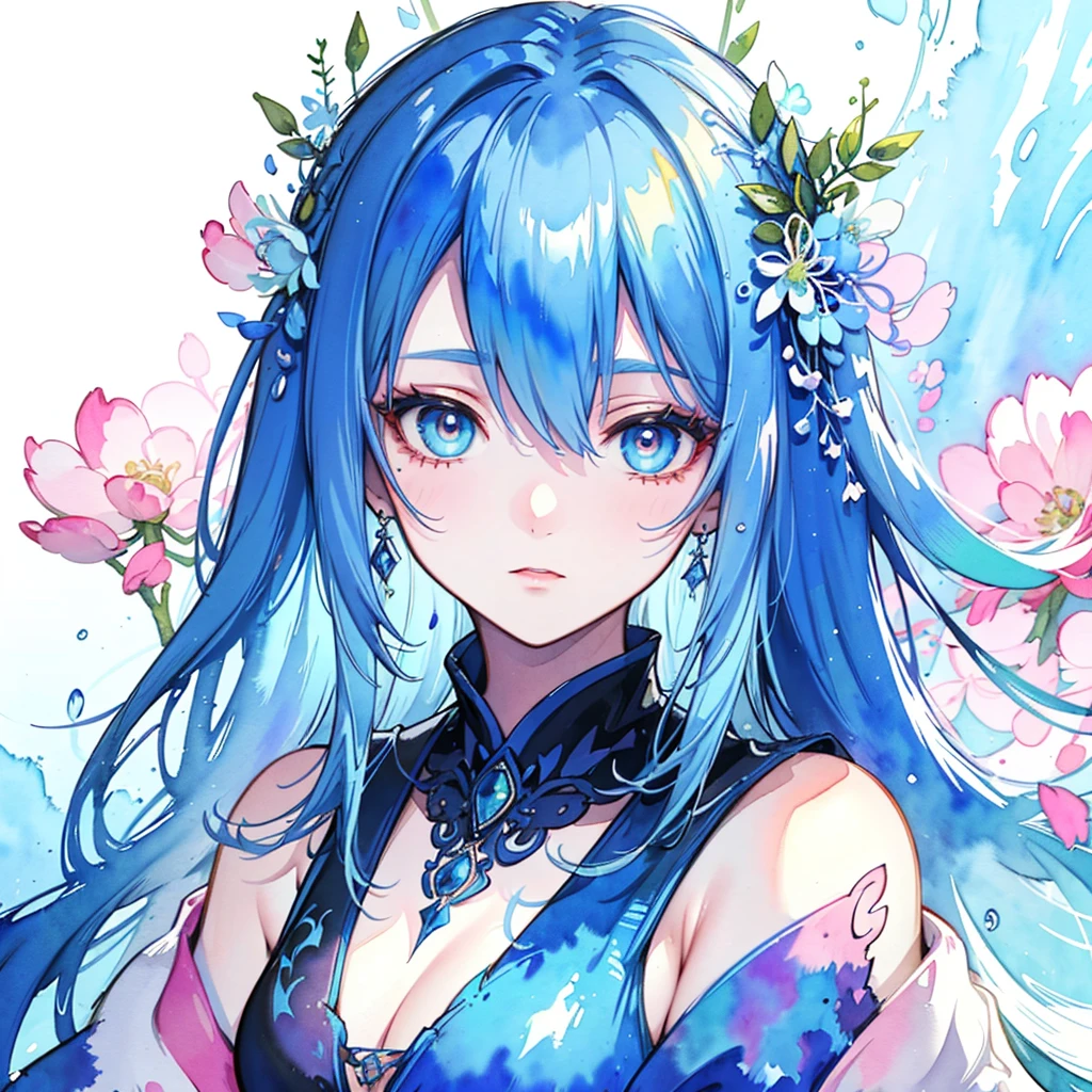 (best quality),(masterpiece:1.2), (colorful:0.9), (ink splashing),(color splashing),((watercolor)), clear sharp focus, model shot,, (portrait goddess of spring:1.5), cute expression,elegant blue colored hair, beautyfull detailed face and eyes, elegant goddess clothing, spring forest background,, colorwater
