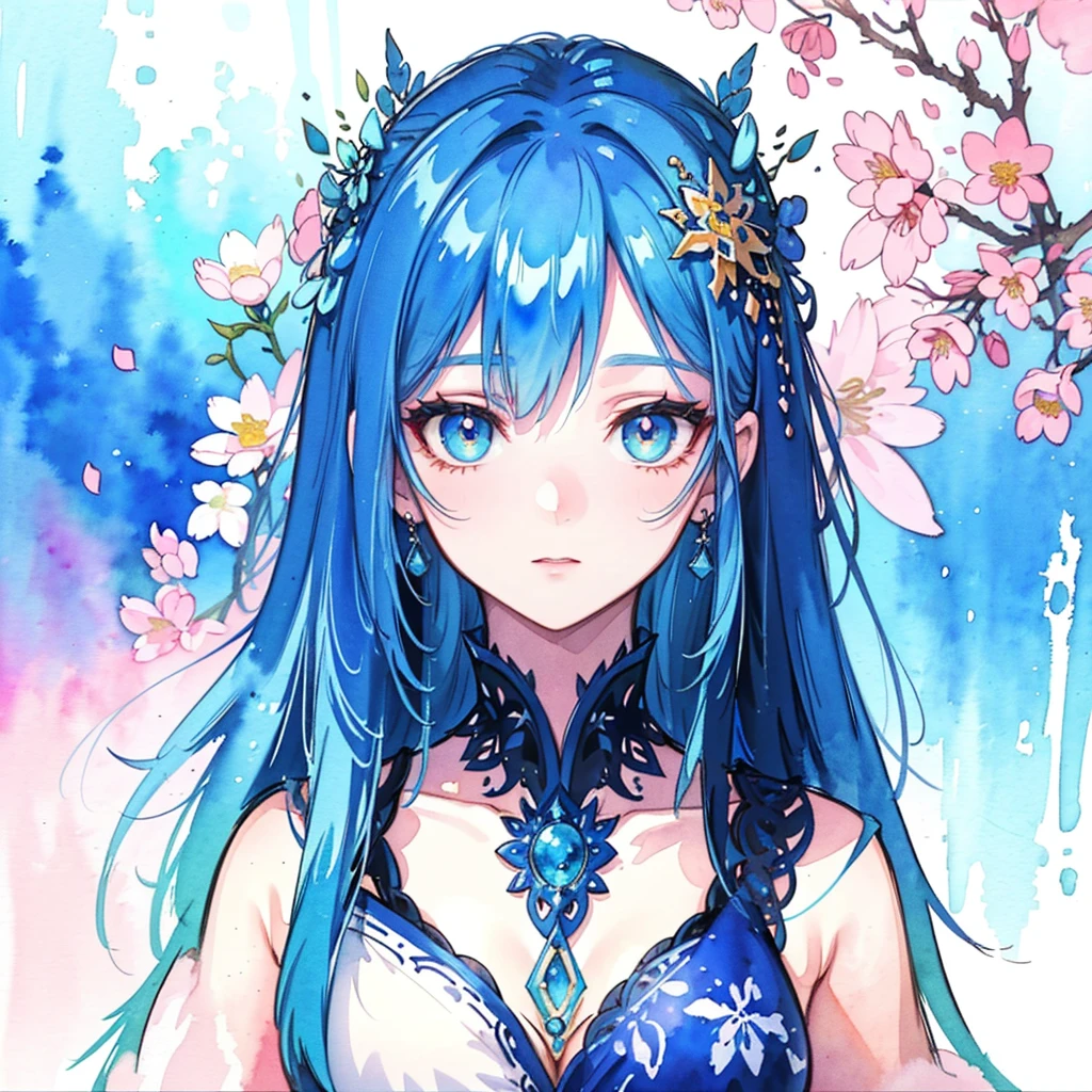 (best quality),(masterpiece:1.2), (colorful:0.9), (ink splashing),(color splashing),((watercolor)), clear sharp focus, model shot,, (portrait goddess of spring:1.5), cute expression,elegant blue colored hair, beautyfull detailed face and eyes, elegant goddess clothing, spring forest background,, colorwater