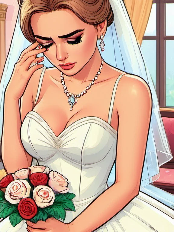 Adult woman, wedding dress, sad, cleavages, jewellery, veil, bouquet, crying