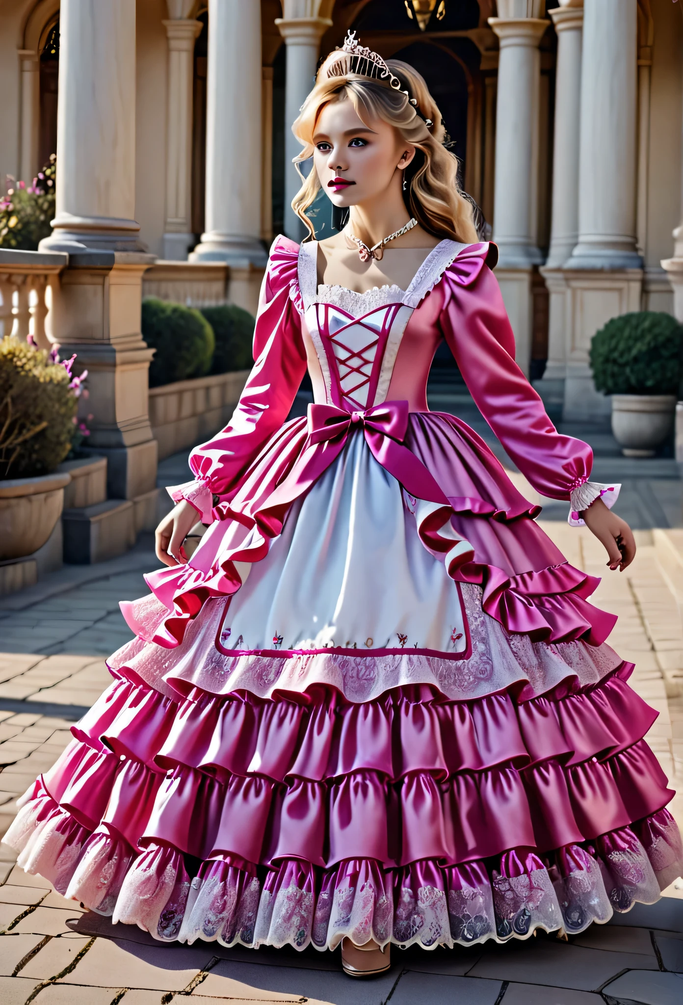 ,highest quality, masterpiece, highest resolution, artwork, 3K realistic photos,,((10 year old little girls)),Super detailed baby face,both are princesses,Full length ball gown dress with hoop skirt,ruffled yoke collar,Detailed braided ribbon on chest,puff sleeves,long sleeve,((Lolita style hot pink detailed princess satin dress、Comes with lots of frills and ribbons。)),shiny silk satin dress,soft and smooth silk satin fabric,luxury,Very long blonde hair,blue eyes,white skin european,pajamas,((Outside the palace)),Princess dancing happily,gorgeous flowing dress,fine white frills and lace,Super long hair that is as tall as your body,the princess is running