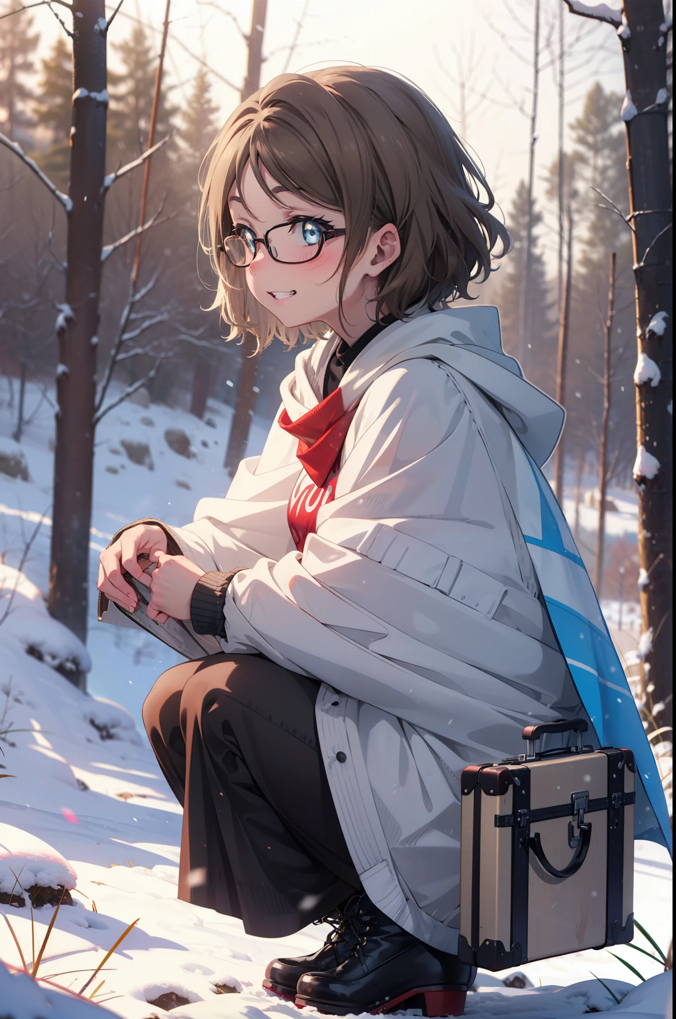 Yo Watanabe, Yu Watanabe, short hair, blue eyes, Brown Hair, smile, Grin,Mid-chest,Black-rimmed glasses,
Open your mouth,snow,Ground bonfire, Outdoor, boots, snowing, From the side, wood, suitcase, Cape, Blurred, having meal, forest, White handbag, nature,  Squat, Mouth closed, Cape, winter, Written boundary depth, Black shoes, red Cape break looking at viewer, Upper Body, whole body, break Outdoor, forest, nature, break (masterpiece:1.2), highest quality, High resolution, unity 8k wallpaper, (shape:0.8), (Beautiful and beautiful eyes:1.6), Highly detailed face, Perfect lighting, Highly detailed CG, (Perfect hands, Perfect Anatomy),