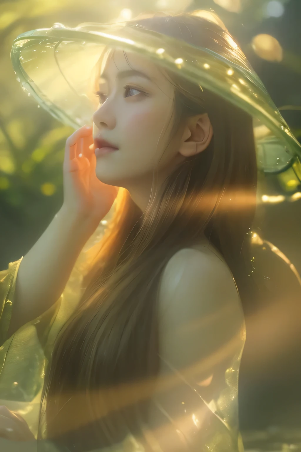 A fairy sitting by a mountain stream,illustratio,gentlesoftlighting,vivd colour,Flowing water,Magical atmosphere,serene environment,Natural details,subtle shimmering,Ethereal dreams,magical forest background,Glittering reflections on the water,Serene expression,Flowers blooming around,The sunshine of the golden hour,Whimsical and charming,mystical aura,Lightweight, breathable movement,Elements of fantasy。(Best quality at best,4k,high rise),ultra - detailed,Foto realism,sportrait,Warm gold tones。
