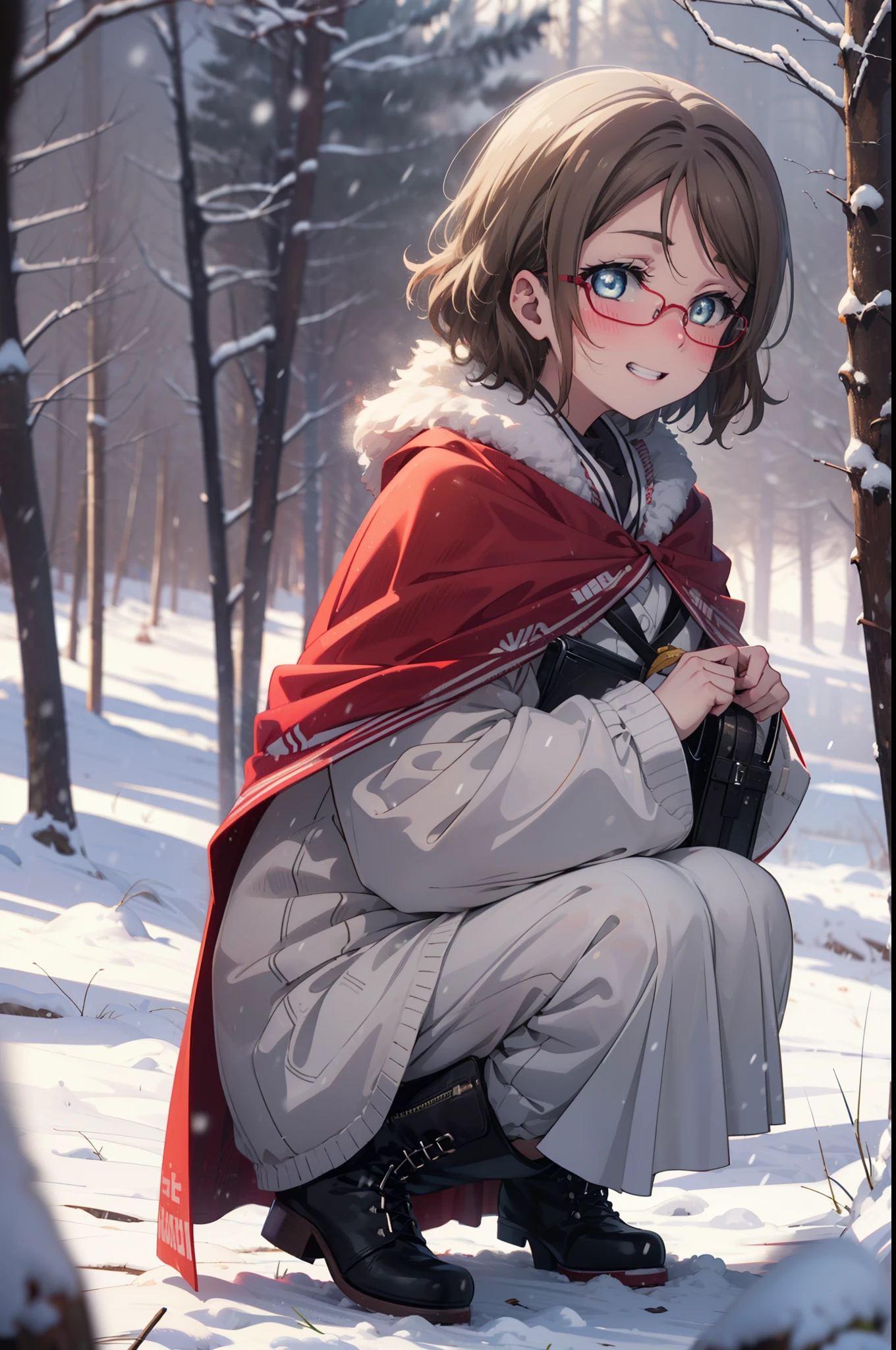 Yo Watanabe, Yu Watanabe, short hair, blue eyes, Brown Hair, smile, Grin,Mid-chest,Black-rimmed glasses,
Open your mouth,snow,Ground bonfire, Outdoor, boots, snowing, From the side, wood, suitcase, Cape, Blurred, having meal, forest, White handbag, nature,  Squat, Mouth closed, Cape, winter, Written boundary depth, Black shoes, red Cape break looking at viewer, Upper Body, whole body, break Outdoor, forest, nature, break (masterpiece:1.2), highest quality, High resolution, unity 8k wallpaper, (shape:0.8), (Beautiful and beautiful eyes:1.6), Highly detailed face, Perfect lighting, Highly detailed CG, (Perfect hands, Perfect Anatomy),