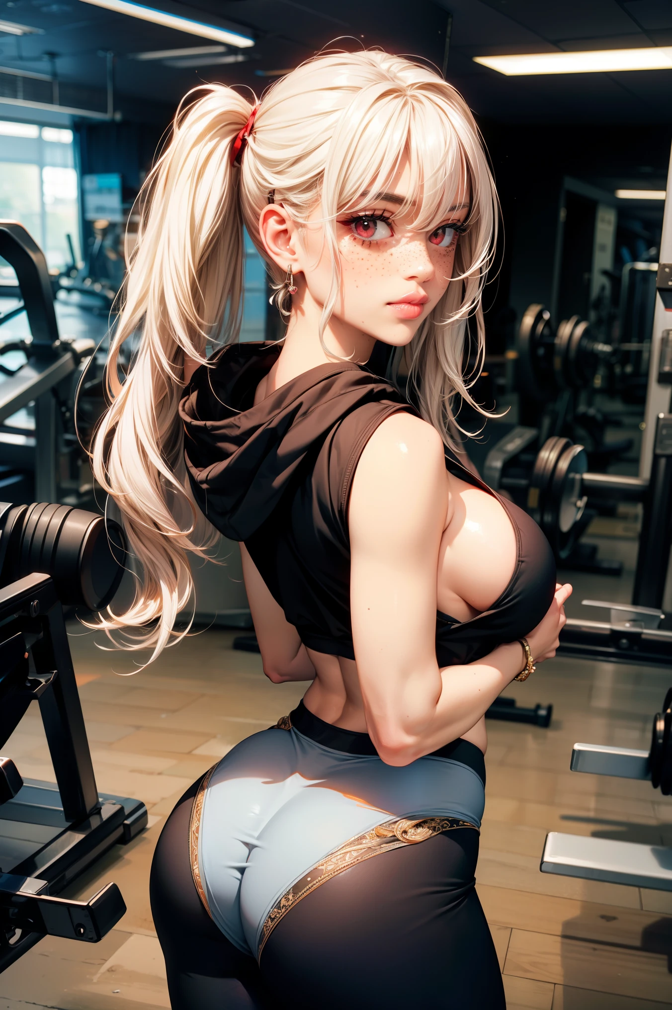 (masterpiece:1.3), (freckles),(red eyes)high resolution, ultra detailed, extremely detailed CG unity 8k wallpaper, realistic, photo-realistic, RAW photo, beautiful detailed face, pale skin, realistic glistening skin, detailed cloth texture, detailed hair texture, Perfect body, ((white hair)), Beautiful Face, accurate, Anatomically correct, Highly detailed face and skin texture, Thin legs, Thin feet, BREAK, Detailed eyes,((red eyes)) symmetric eyes, Double eyelids, Thin eyebrows, (Glossy lips:1.4), (gently smile:1.2), BREAK, (A Classy and Cute girl:1.3), (1 girl, one girl), , ( large breasts, hourglass figure), beautiful clavicle, ((asymmetrical bangs:1.2)), white hair, freckles, (red eyes), long hair,(masterpiece, best quality:1.4), (beautiful, aesthetic, perfect, delicate, intricate:1.2), (cute, adorable), (depth of field:1.2), cinematic shot, natural lighting,1girl, beautiful hands, nail polish, long pigtails,freckles on nose,, leggings, leggings pants, leggings, oversized hoodie, hoodie, leggings and hoodie, hoodie and leggings, gym, showing ass