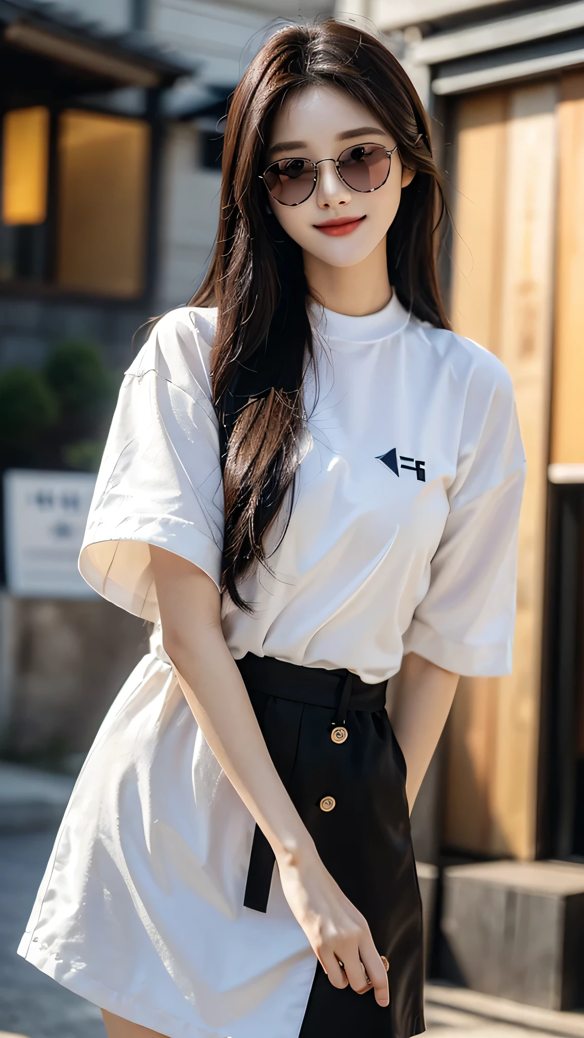 masterpiece、top-quality)、1 beutiful girl、in the villa , ((Wearing black sunglasses )), (Detailed beautiful eyes), ((Detailed skin)) , ((Detailed medium hair))、((Boyish Brown Medium Hair))、((Smaller face))、((Neutral face))、((Light brown eyes))、((Korean Girl))、((18year old))、((cool lady))、((A shy smile on his face))、((Korean Makeup))、((elongated and sharp eyes))、((Happy dating))、((boyish))、on the wvilla), ((CG rendering)), ((Blurred background)), ((16K)), ((Very detailed)), ((wallpaper)), ((depth of field)), ((movie light)), (( Ray tracing)).