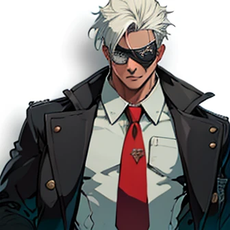 (((Best quality ,artwork ))) human Male white Mad hair , (( Concept ART )) , welllow eyes,wearing red Tie , white shirt , ((wearing Eye patch ))