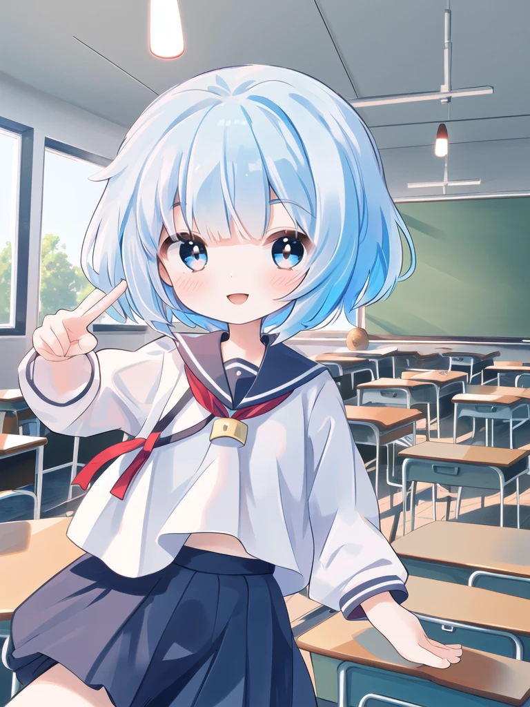 One girl、、Light blue hair、Medium Hair、Red Sailor Suit、skirt、Wide Eyes、The best smile、Wink、piece、classroom
