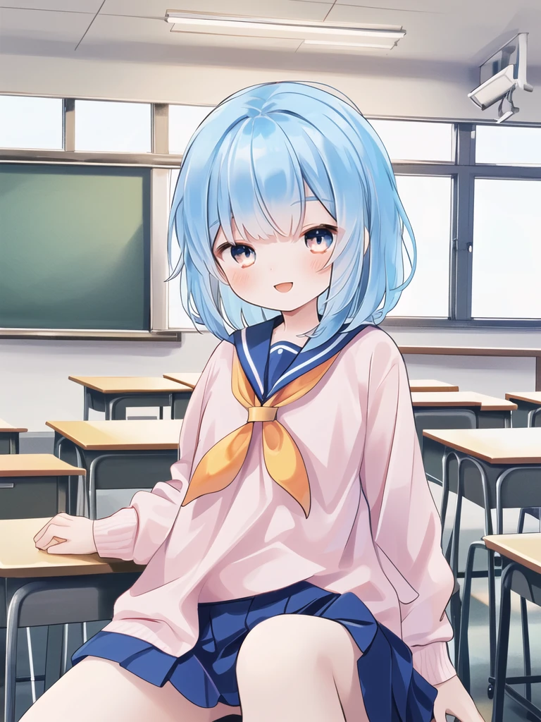One girl、、Light blue hair、Medium Hair、Red Sailor Suit、skirt、Wide Eyes、The best smile、Wink、piece、classroom