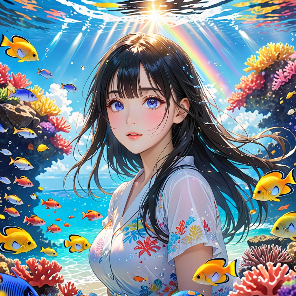 anime、Vibrant colors、Cool beauty、、Black Hair、Long Hair、Straight Hair、The bangs are cut above the eyebrows、Narrow eyes、Slanted Eyes、Bright eyes、Sharp Eyes、Sparkling eyes、Large Breasts、In the sea with beautiful coral、100 small tropical fish、Sunshine、1000 glowing particles、rainbow、Old Temple