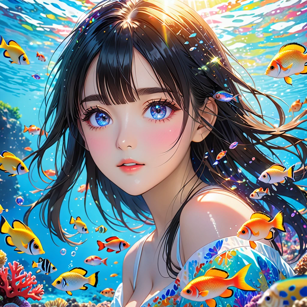 anime、Vibrant colors、Cool beauty、17 years old、Black Hair、Long Hair、Straight Hair、The bangs are cut above the eyebrows、Narrow eyes、Slanted Eyes、Bright eyes、Sharp Eyes、Sparkling eyes、Large Breasts、In the sea with beautiful coral、100 small tropical fish、Sunshine、1000 glowing particles、rainbow、Old Temple