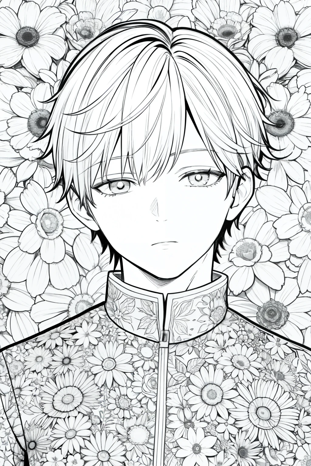 highest quality, High resolution, Detailed Background, High Contrast, 1 boy, Short Hair,Head close-up, Floral Background, Beautiful line drawing, Vibrant colors