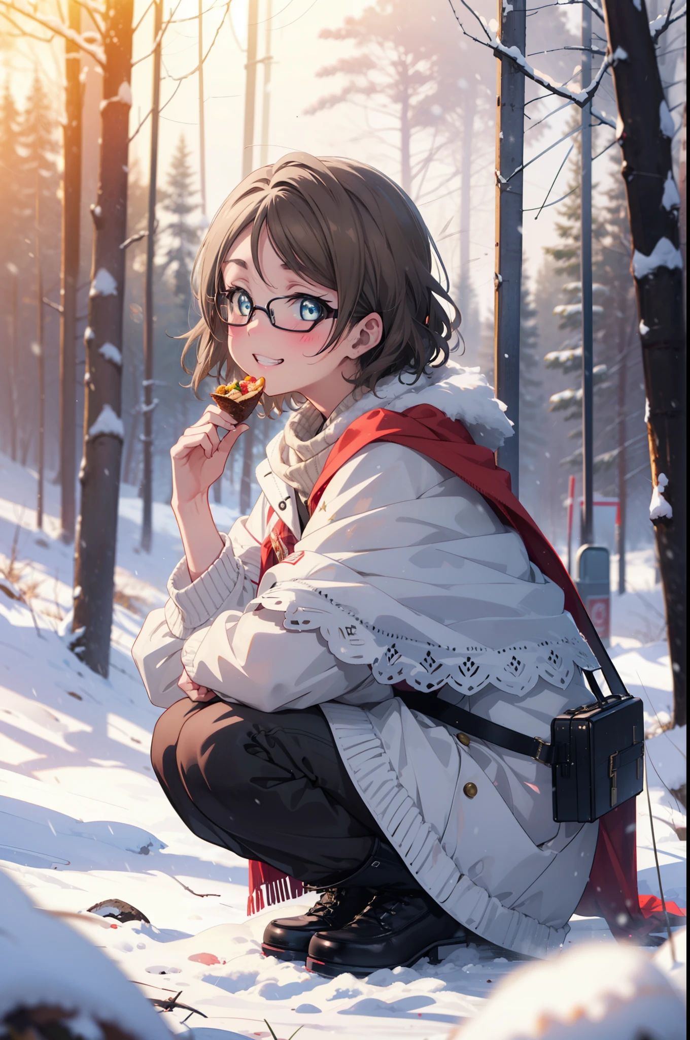 Yo Watanabe, Yu Watanabe, short hair, blue eyes, Brown Hair, smile, Grin,Mid-chest,Black-rimmed glasses,
Open your mouth,snow,Ground bonfire, Outdoor, boots, snowing, From the side, wood, suitcase, Cape, Blurred, having meal, forest, White handbag, nature,  Squat, Mouth closed, Cape, winter, Written boundary depth, Black shoes, red Cape break looking at viewer, Upper Body, whole body, break Outdoor, forest, nature, break (masterpiece:1.2), highest quality, High resolution, unity 8k wallpaper, (shape:0.8), (Beautiful and beautiful eyes:1.6), Highly detailed face, Perfect lighting, Highly detailed CG, (Perfect hands, Perfect Anatomy),