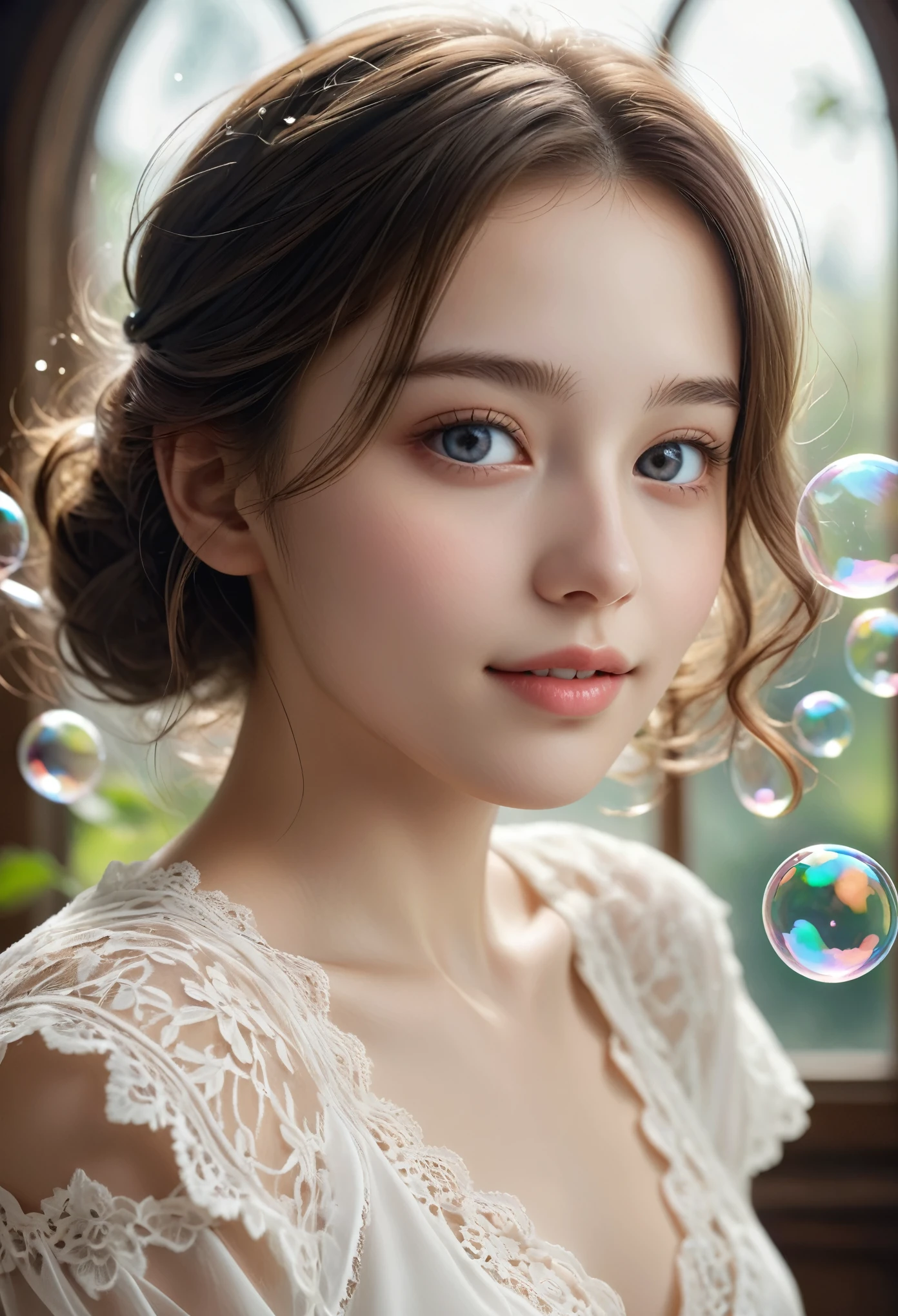 (best quality,4k,8k,highres,masterpiece:1.2),ultra-detailed,(realistic, photorealistic,photo-realistic:1.37),a beautiful 15yo girl wearing exquisite lace stockings, highly detailed, flowing, dynamic, (she is floating in the air:1.5), bright eyes, energetic, alluring front, silky texture, high-quality texture, (giant bubbles:1.4), soft lighting, (this girl is currently in a fantasy world:1.5), (good anatomy:1.5),White skin, (detailed beautiful eyes:1.1), high nose, Dreamy atmosphere, high nose, accurately drawn fingers, moist skin, subtle smile
