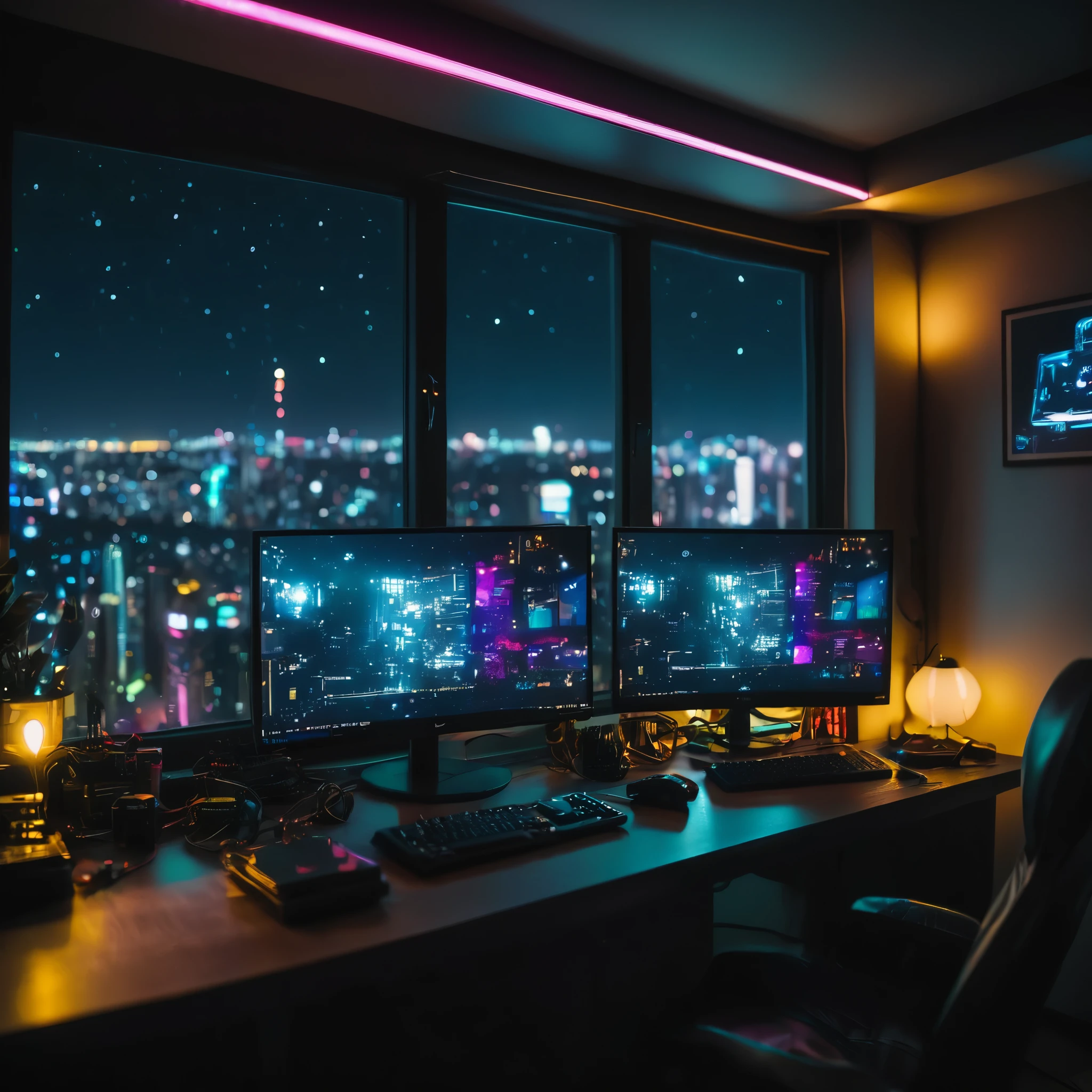 Night interior photo, indoor, Bokeh, LED Ceiling Light, cyber punk, dark, Modest, Dynamic Lighting, Movie stills, Movie screencaps, 50mm, Night view outside the window,Multi-monitor computer