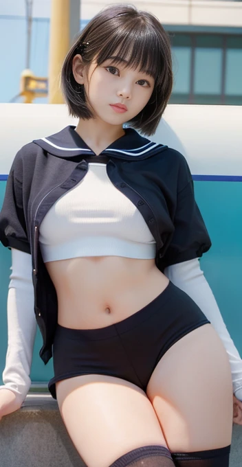 Are standing、One beautiful woman、Japanese、18-year-old、、Sailor suit、sexy、Big Breasts、Long legs、sneakers、Stylish、Black knee-high socks、highest quality、High quality、Facial details、short hair、Straight Hair、Brown eyes、Japanese Trains、（nsfw）