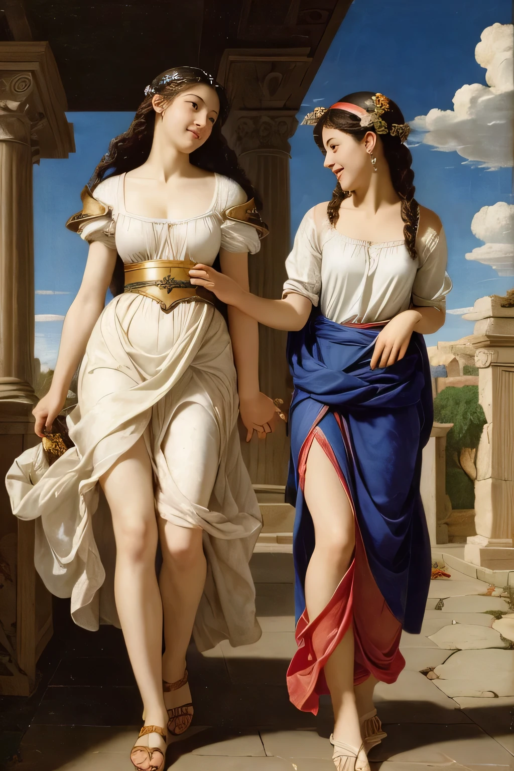 full body portrait or statue、Giorgione painting style,Arguments of two female Philosophe,math、astronomical machine、astronaut、roses in vase、fruits、Cute trinkets、smile、ancient greek costume、Ancient Roman landscape in the style of Nicolas Poussin,laughter,,Sweet and seductive appearance.、Caravaggio's paintings、Chiaroscuro of Caravaggio、hair tousled by the wind,Two women frolicking,cute smile, expression of ecstasy,Sexy,erotic