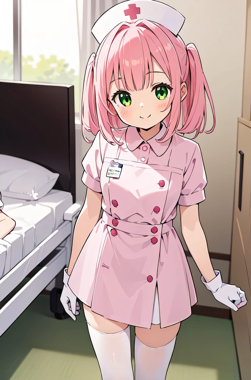1girl, solo, nurse, white nurse cap, white nurse uniform, ((white legwear, zettai ryouiki)), white gloves, pink hair, green eyes, drooping eyes, smile, standing, ((hospital room)), sharp outline, short sleeves, best quality, masterpiece