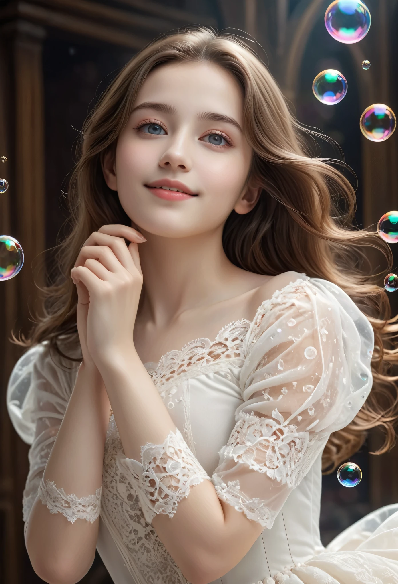(best quality,4k,8k,highres,masterpiece:1.2),ultra-detailed,(realistic, photorealistic,photo-realistic:1.37),a beautiful 15yo girl wearing exquisite lace stockings, highly detailed, flowing, dynamic, (she is floating in the air:1.5), bright eyes, energetic, alluring front, silky texture, high-quality texture, (giant bubbles:1.4), soft lighting, (this girl is currently in a fantasy world:1.5), (good anatomy:1.5),White skin, (detailed beautiful eyes:1.1), high nose, Dreamy atmosphere, high nose, accurately drawn fingers, moist skin, subtle smile