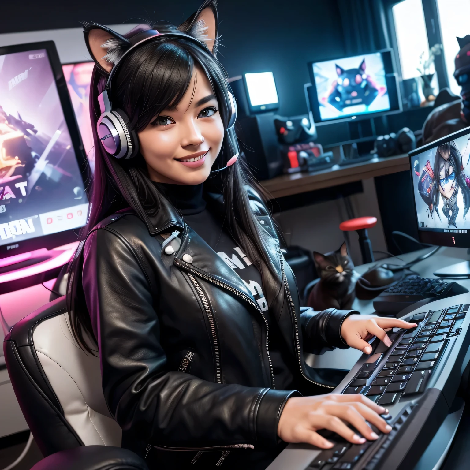 Gamer girl mature with sitting at computer playing games holding gaming controller in hands, headset on the head with cat ears, robot ears, fully clothed, wearing leather jacket, cat sitting on the keyboard,  surrounded by many cats in the background and foreground, dynamic angle, smiling, cozy room in the background
