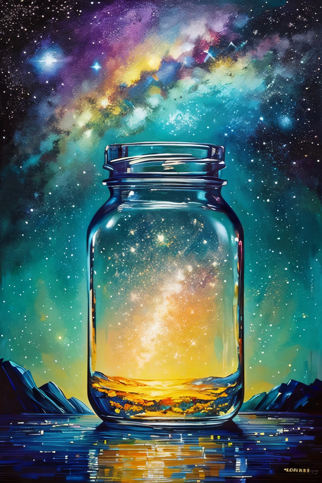 masterpiece、top-quality、(Very delicate and beautiful starry sky landscape trapped in a jar)、world masterpiece theater、high-resolutionisometric、top-quality、illustratio、Impasto、canvas、an oil painting、realism、realisitic