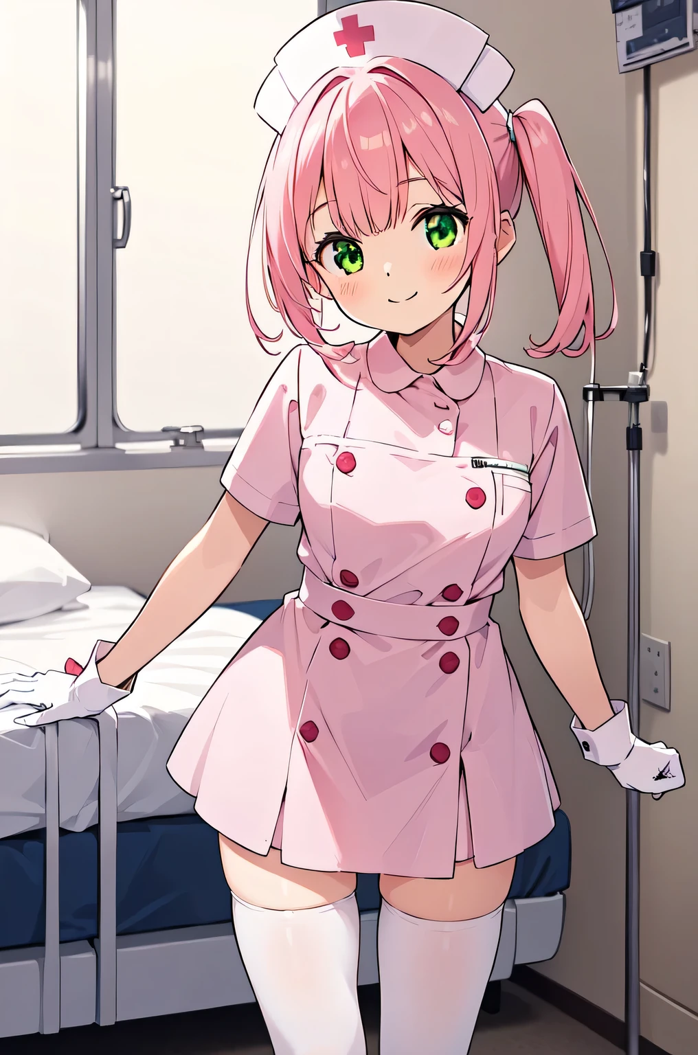 1girl, solo, nurse, white nurse cap, white nurse uniform, ((white legwear, zettai ryouiki)), white gloves, pink hair, green eyes, drooping eyes, smile, standing, ((hospital room)), sharp outline, short sleeves, best quality, masterpiece