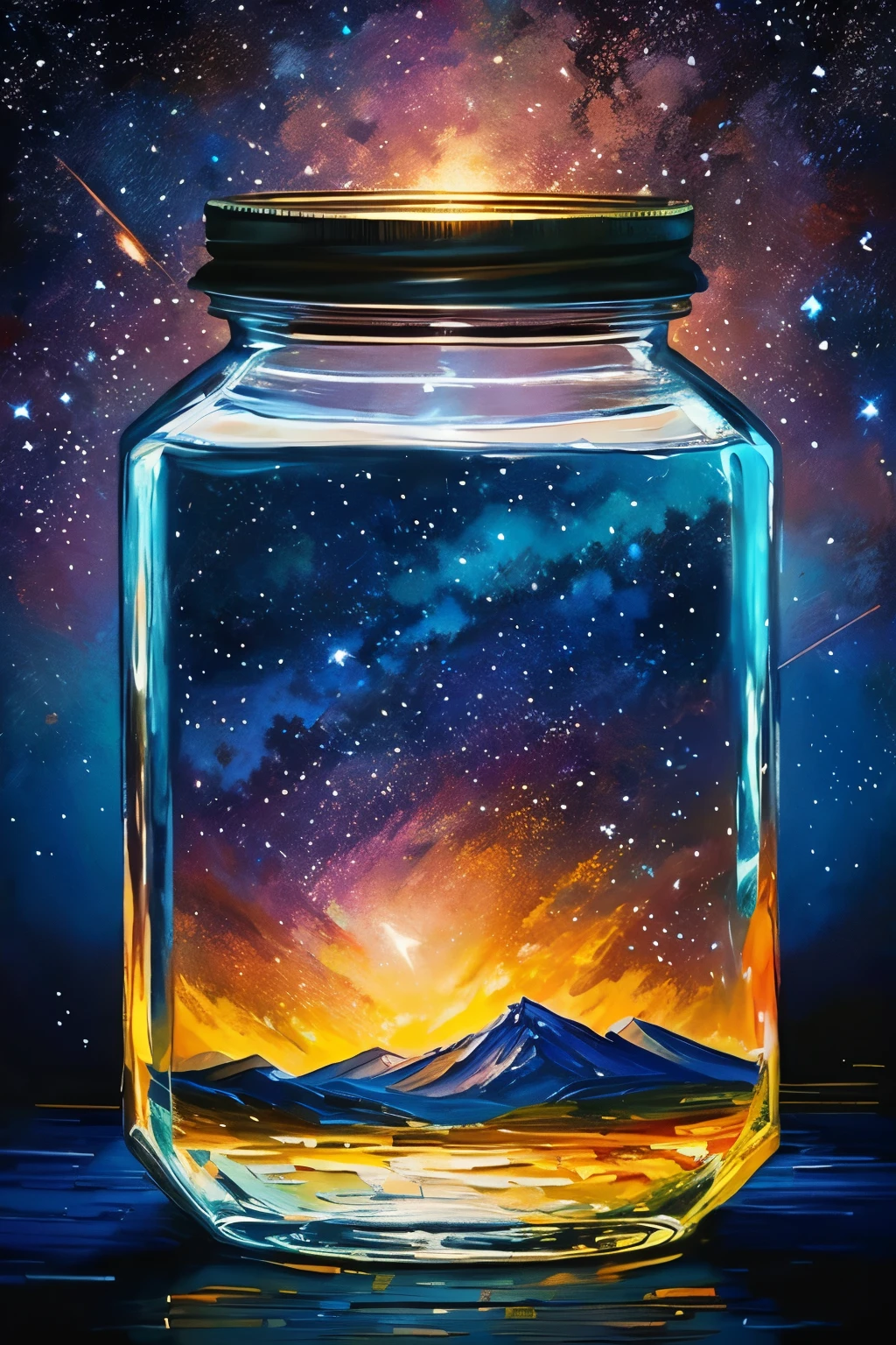 masterpiece、top-quality、(Very delicate and beautiful starry sky landscape trapped in a jar)、world masterpiece theater、high-resolutionisometric、top-quality、illustratio、Impasto、canvas、an oil painting、realism、realisitic