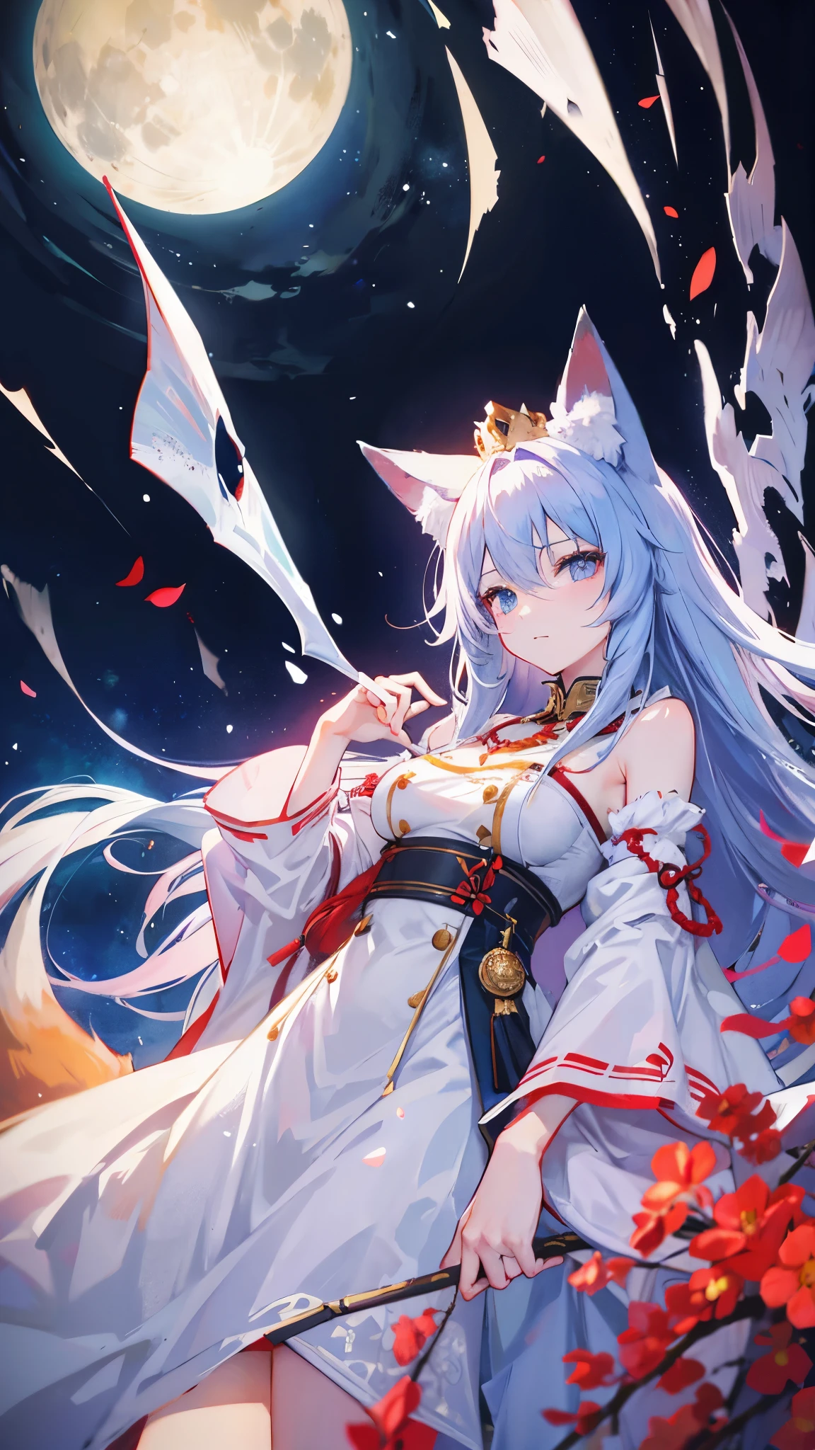 Fox King's Sister,Fox ears,Fox big tail,Blue Tail,Pink Hair,League of Legends character A Tanuki,Big white fox on the back,Yin-Yang Technique,The cheongsam is high,Boots,White,high resolution,detail,Three-dimensional paintings