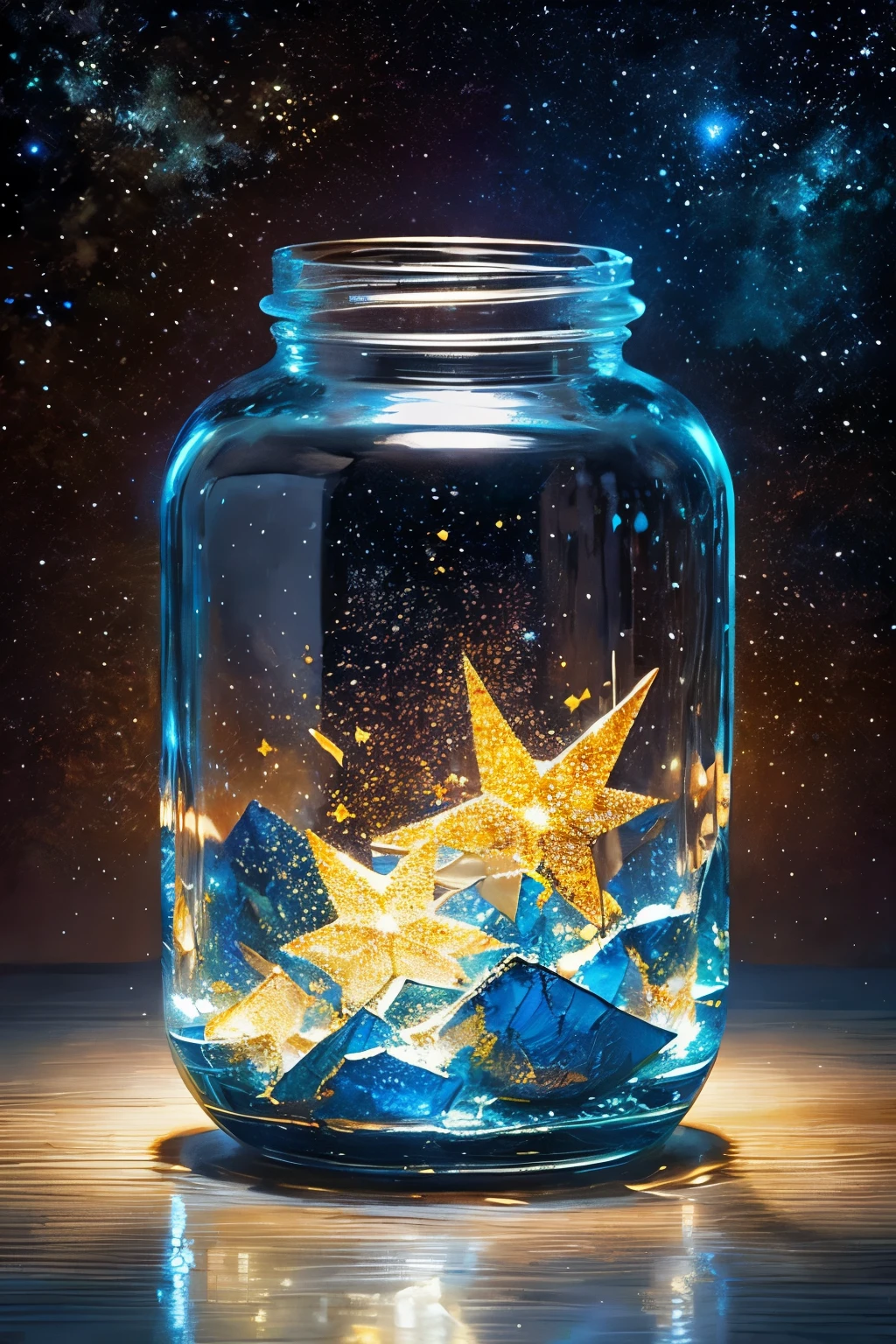 masterpiece、top-quality、(Very delicate and beautiful starry sky landscape trapped in a jar)、world masterpiece theater、high-resolutionisometric、top-quality、illustratio、Impasto、canvas、an oil painting、realism、realisitic