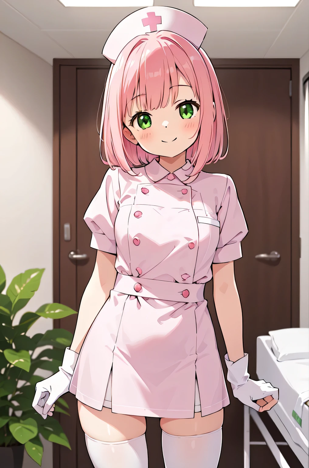 1girl, solo, nurse, white nurse cap, white nurse uniform, ((white legwear, zettai ryouiki)), white gloves, pink hair, green eyes, drooping eyes, smile, standing, ((hospital room)), sharp outline, short sleeves, best quality, masterpiece