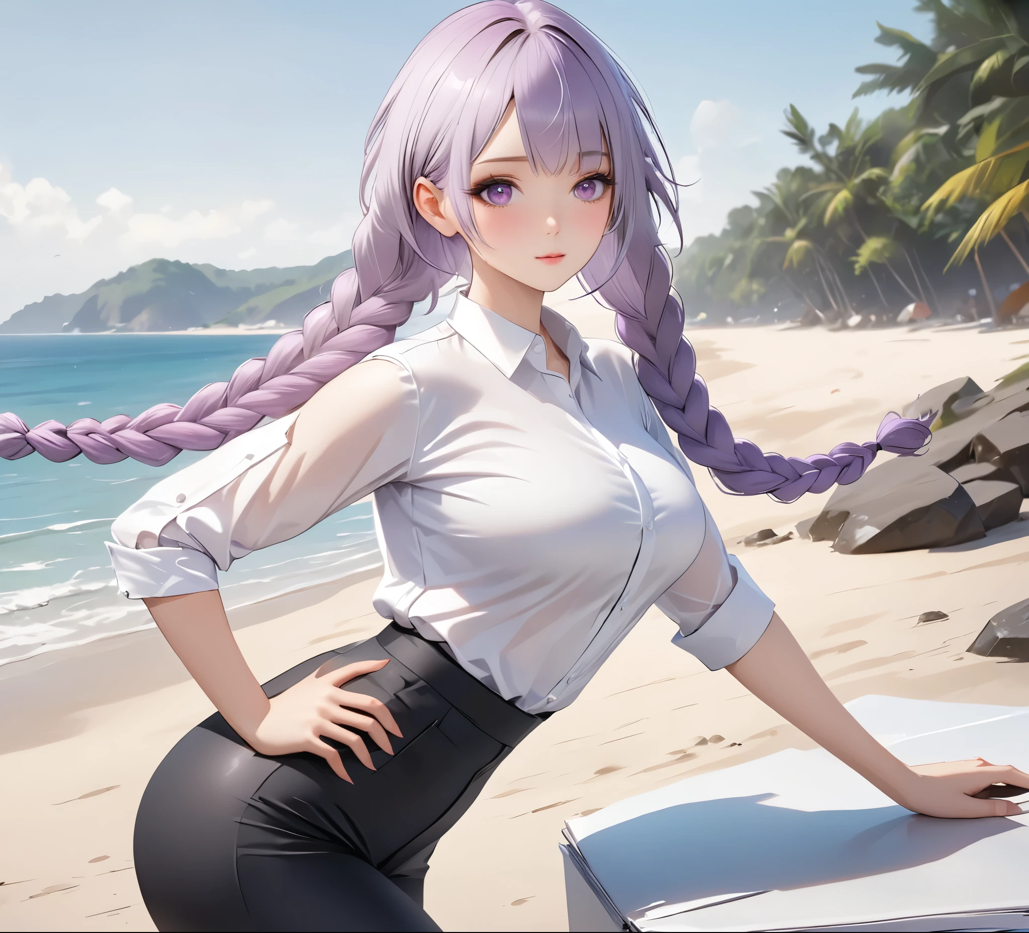 (masterpiece, best quality), 8K, Super detailed, realistic photo, Delicate face, Perfect lighting, Purple Eyes, Beautiful legs, side photo, beautiful, skin pores, A man，A woman(Purple and White Gradient Double Braids), Perfect shirt, Dress neatly,  (Thin white shirt:1.4), Thick, hot, (White office attire:1.4), Tights, (Wide hips:1.2), Thick, (White office pants:1.3), Standing on the beach near the sea,Digital Animation Art, Working in the style of Gouvez, beautiful动漫肖像, advanced Digital Animation Art, guweiz на artstation pixiv HD UHD HQ
