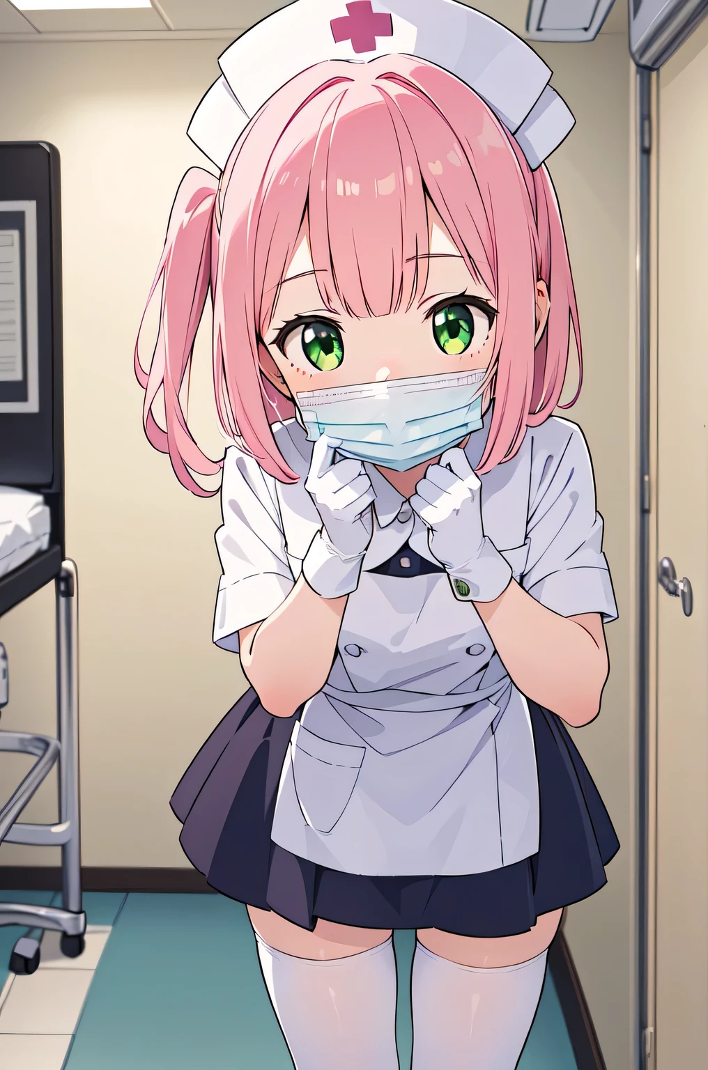 1girl, solo, nurse, white nurse cap, white nurse uniform, ((white legwear, zettai ryouiki)), white gloves, pink hair, green eyes, drooping eyes, ((white surgical mask, covered nose)), standing, ((hospital room)), sharp outline, short sleeves, best quality, masterpiece