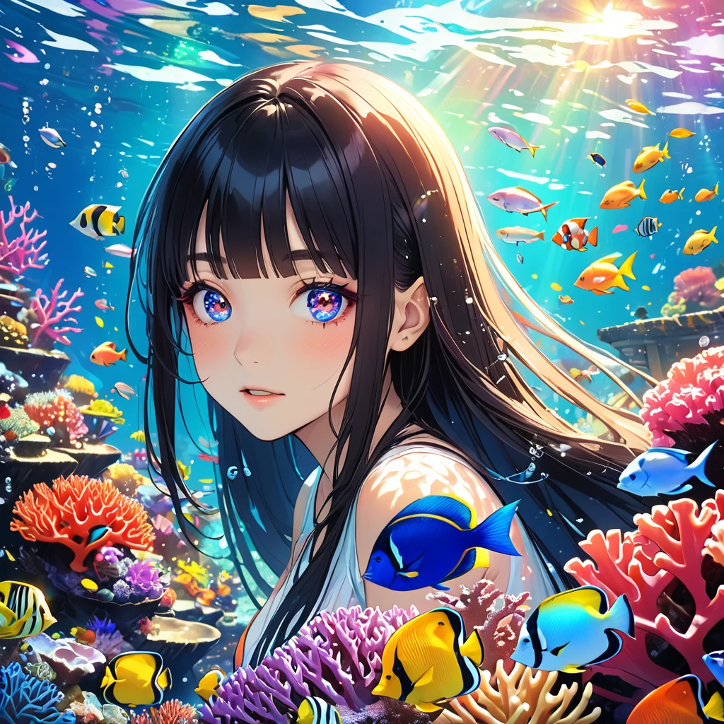 anime、Vibrant colors、Cool beauty、17 years old、Black Hair、Long Hair、Straight Hair、The bangs are cut above the eyebrows、Narrow eyes、Slanted Eyes、Bright eyes、Sharp Eyes、Sparkling eyes、Large Breasts、In the sea with beautiful coral、100 small tropical fish、Sunshine、1000 glowing particles、rainbow、Old Temple