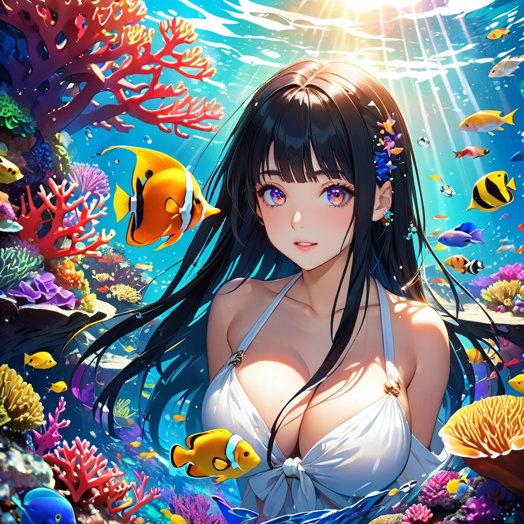 anime、Vibrant colors、Cool beauty、17 years old、Black Hair、Long Hair、Straight Hair、The bangs are cut above the eyebrows、Narrow eyes、Slanted Eyes、Bright eyes、Sharp Eyes、Sparkling eyes、Large Breasts、In the sea with beautiful coral、100 small tropical fish、Sunshine、1000 glowing particles、rainbow、Old Temple