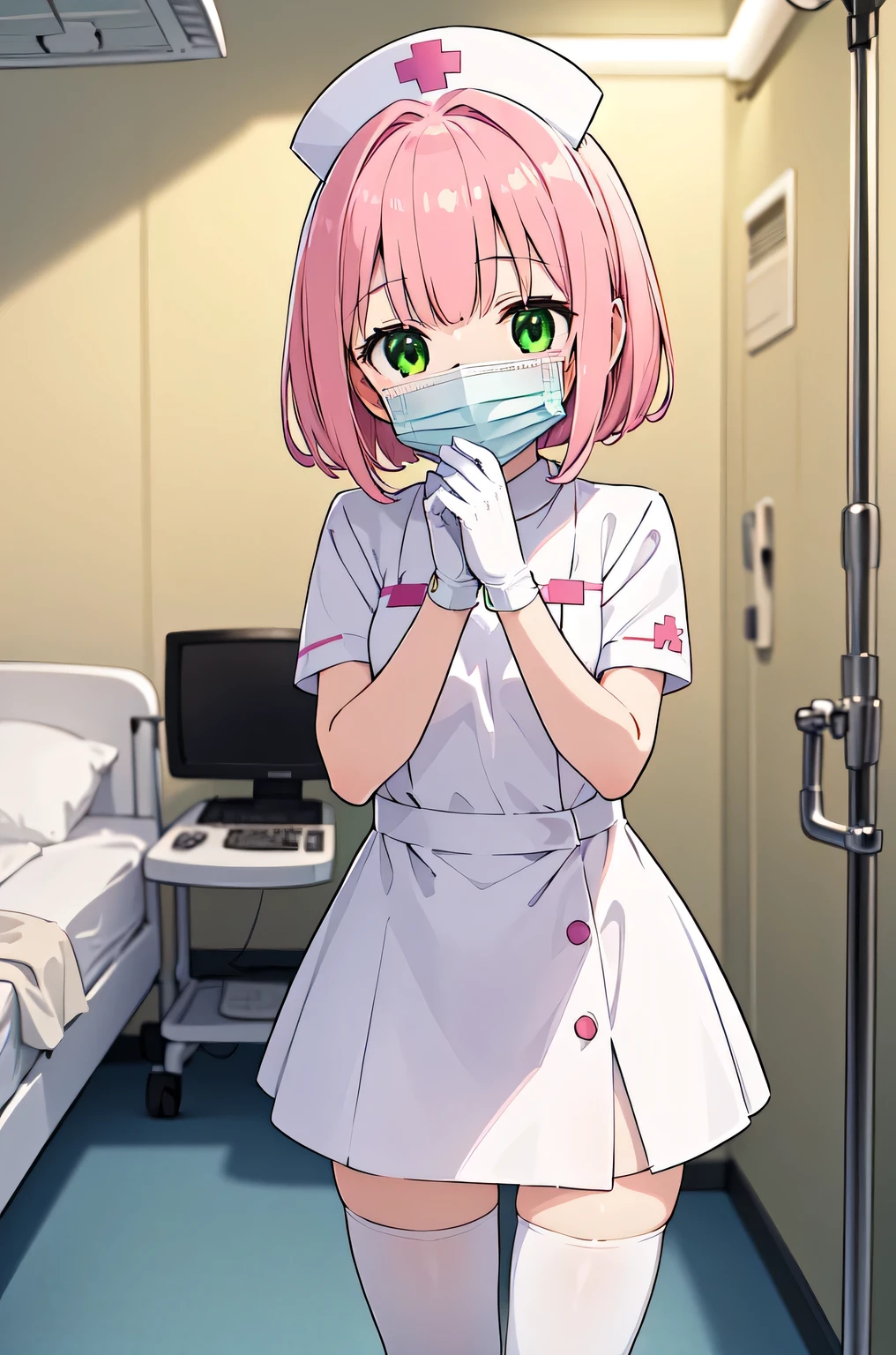 1girl, solo, nurse, white nurse cap, white nurse uniform, ((white legwear, zettai ryouiki)), white gloves, pink hair, green eyes, drooping eyes, ((white surgical mask, covered nose)), standing, ((hospital room)), sharp outline, short sleeves, best quality, masterpiece