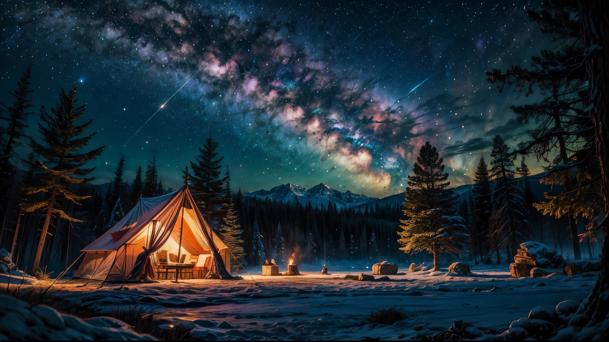 anime lanscape, anime aestetics, a little camp in the forest, huge blue and red cristals on the background, two little tents, fireplace in the center, skies covered in stars, perfect stars view, fantasy, crystals glowing, huge mansion far at the background, pine trees, calm atmosphere, dynamic light, cinematic light, wide shot, from outside, highres, 8k, high quality, best quality, award winning, super detail, accurate, masterpiece