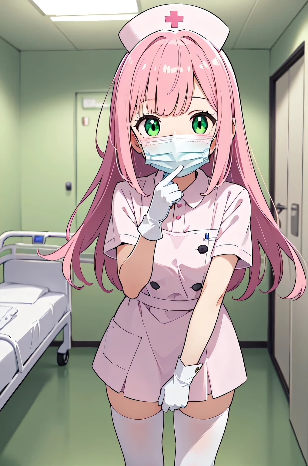 1girl, solo, nurse, white nurse cap, white nurse uniform, ((white legwear, zettai ryouiki)), white gloves, pink hair, green eyes, drooping eyes, ((white surgical mask, covered nose)), standing, ((hospital room)), sharp outline, short sleeves, best quality, masterpiece