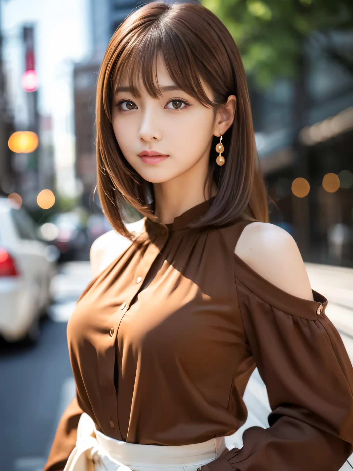 Ultra High Definition, Superior Quality, Premier Quality, ultra detailed, Photorealistic, 8k, RAW Photos, highest quality, masterpiece, Attractive girl, Stunning girl, Brown Hair, Shoulder Length Layered, asymmetrical bangs, Japanese Idol, Sophisticated, Stylish, blouse,Shibuya, 